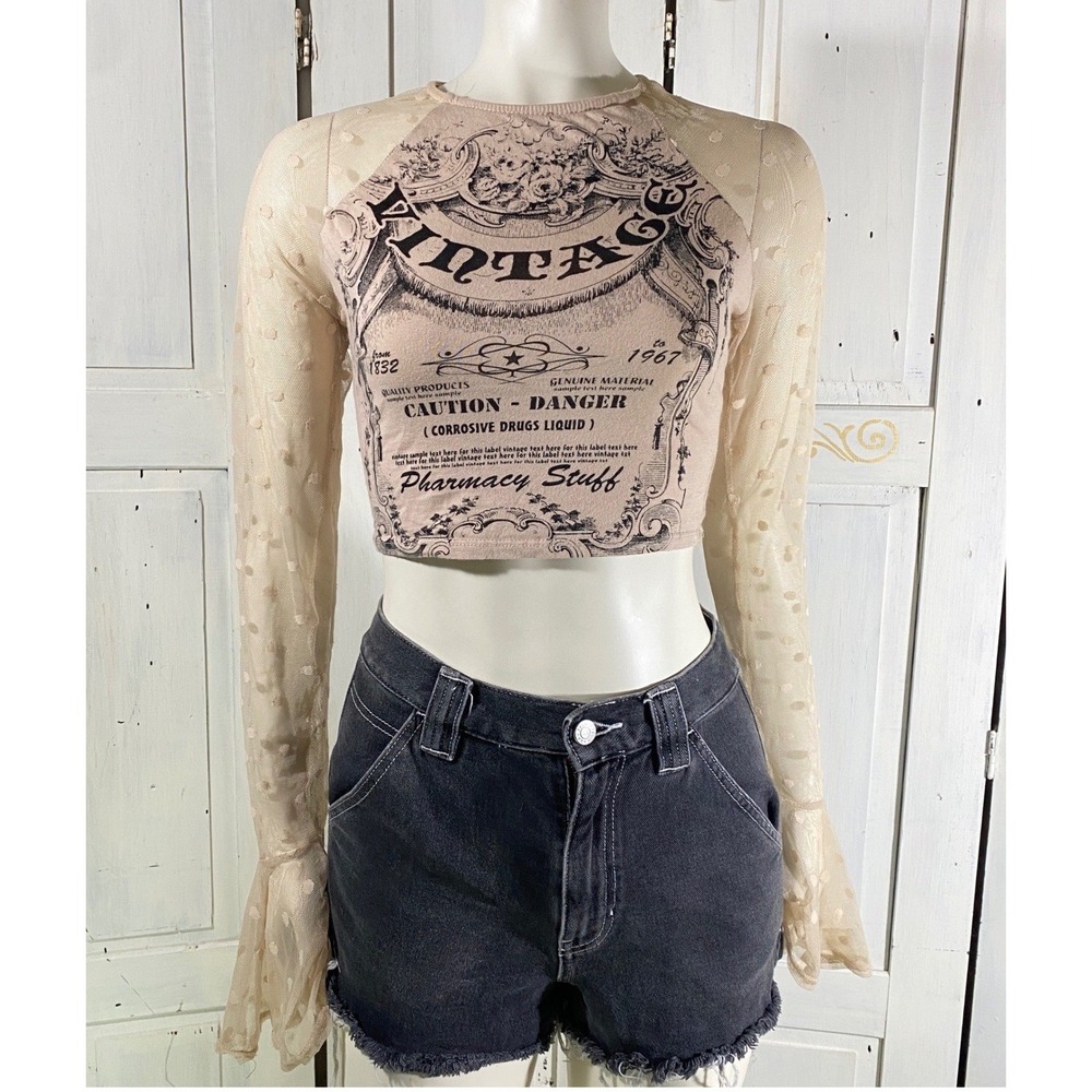 Pink‎ Pastel Goth Vintage Caution Label Crop Tee w/Mesh Bell Sleeves Size Small - Picture 2 of 10